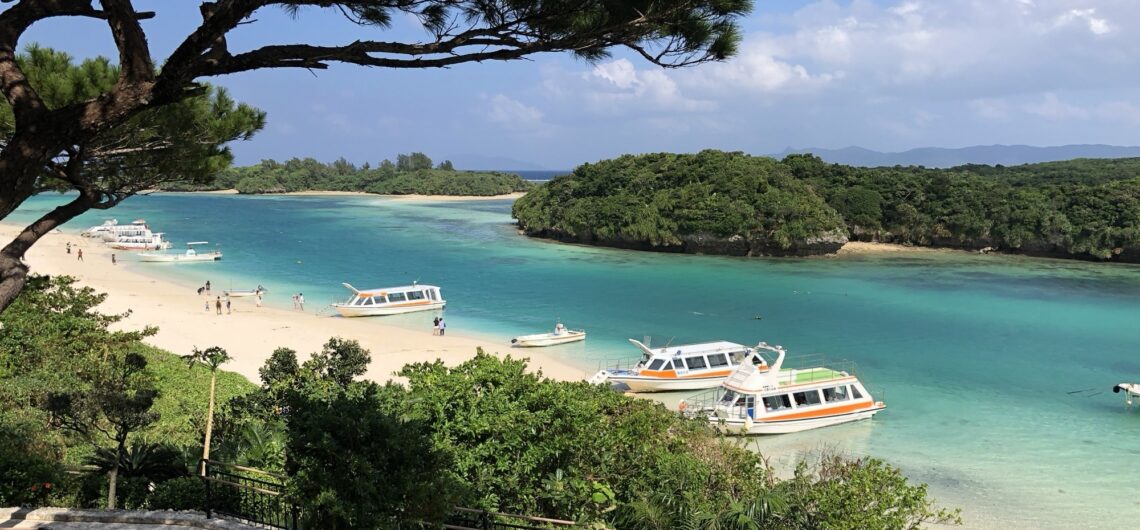 緑の小島とグラスボートが浮かぶ海