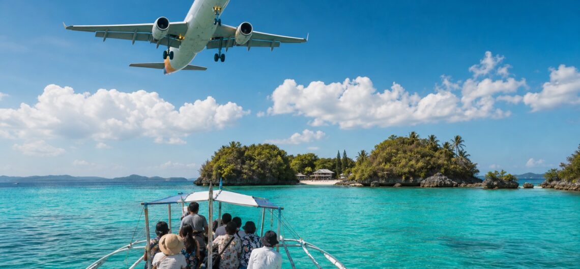 飛行機でセブ島に到着しバンカーボートでアイランドホッピングを楽しむイメージ