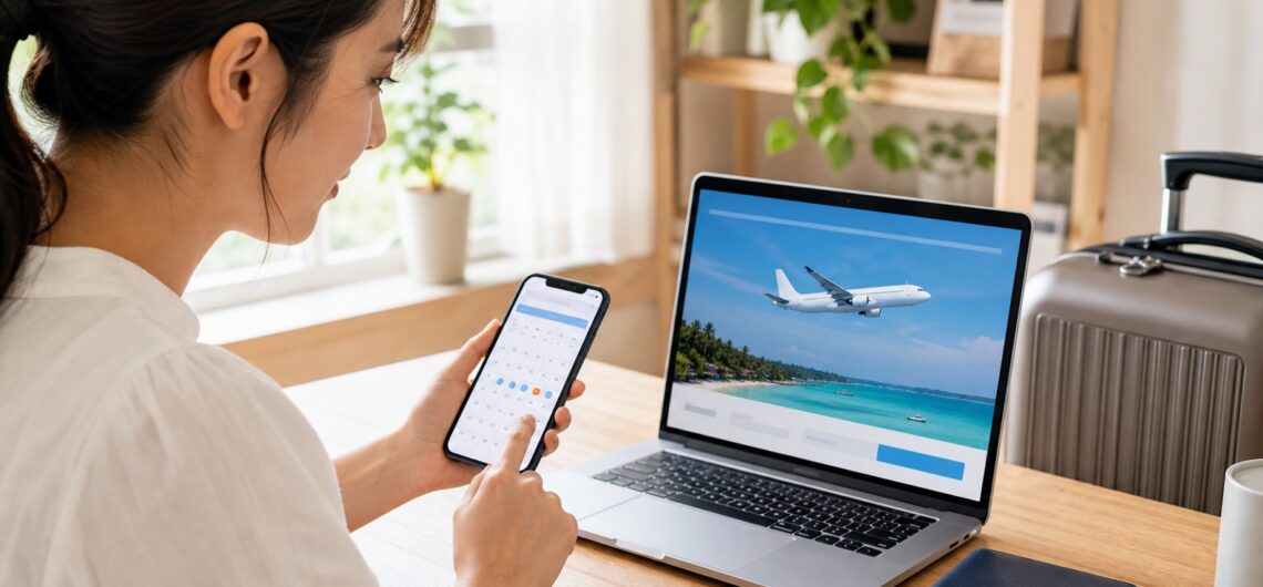 セブ島行き航空券をスマートフォンで比較する旅行者の手元