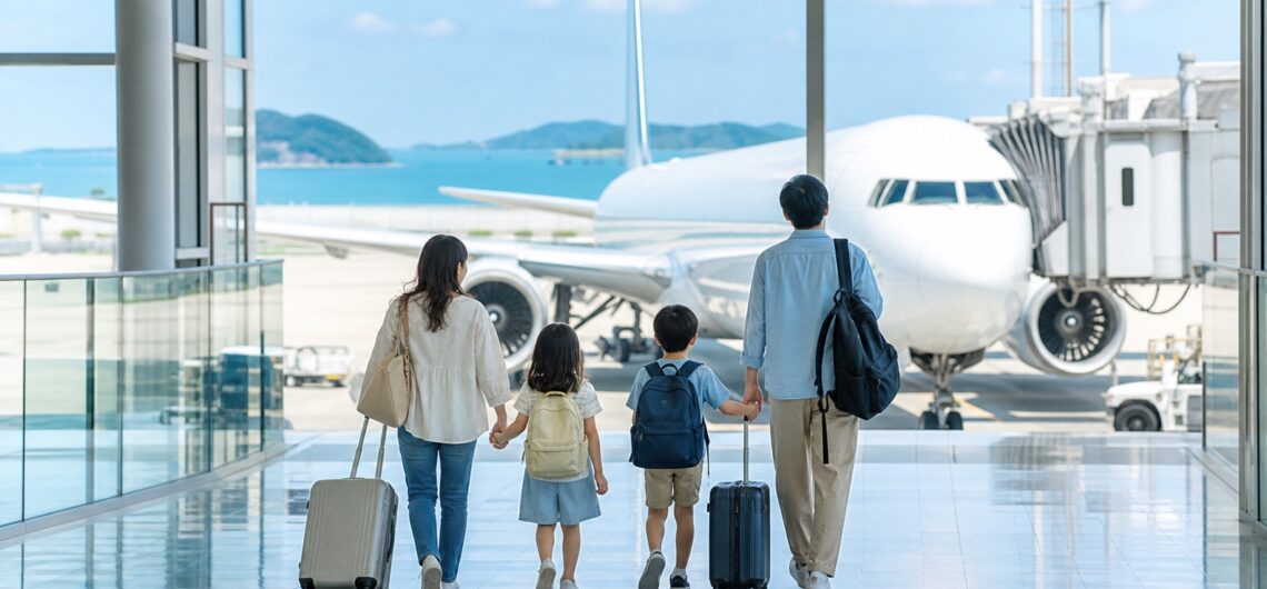 関西空港からセブ島へ向かう家族旅行者と飛行機