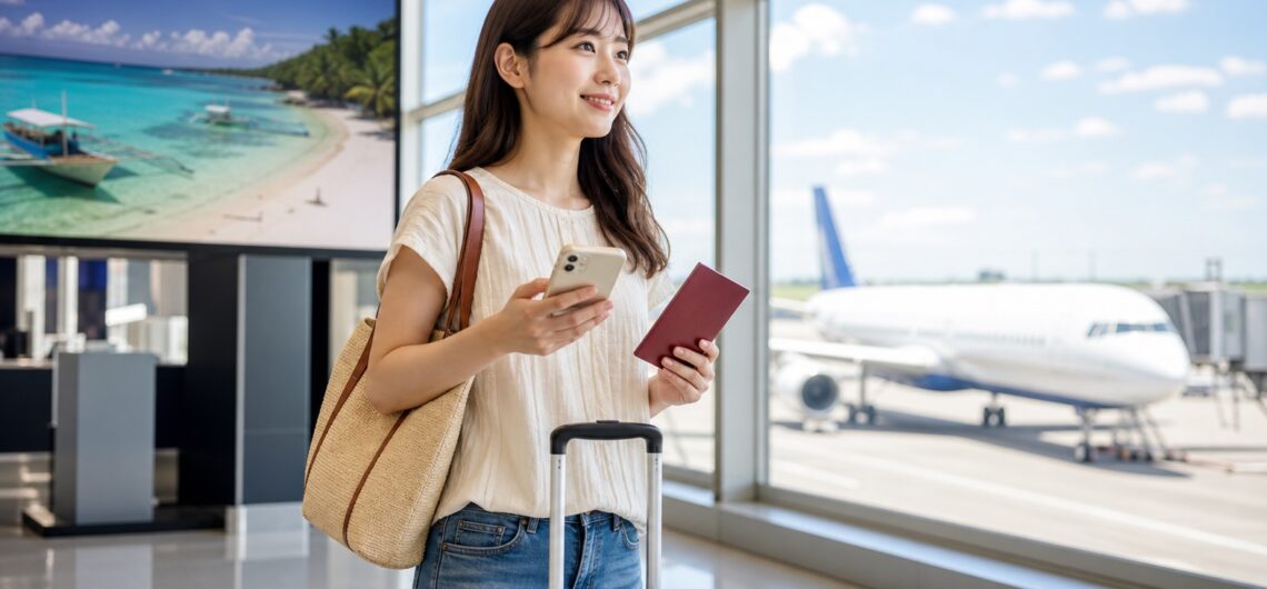 名古屋からセブ島へ向かうため空港で準備をする旅行者