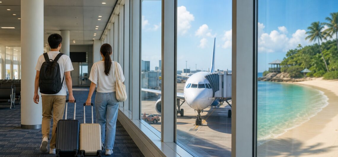 日本からセブ島行きの飛行機へ向かう旅行者とリゾートの海