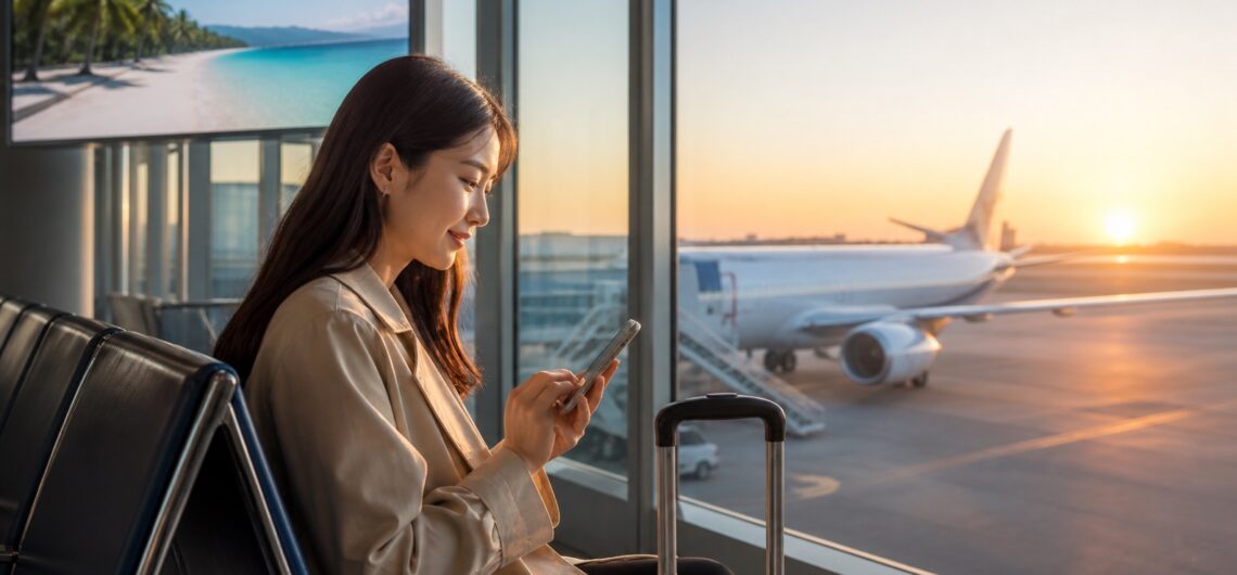 東京からセブ島へ向かう飛行機を待つ旅行者