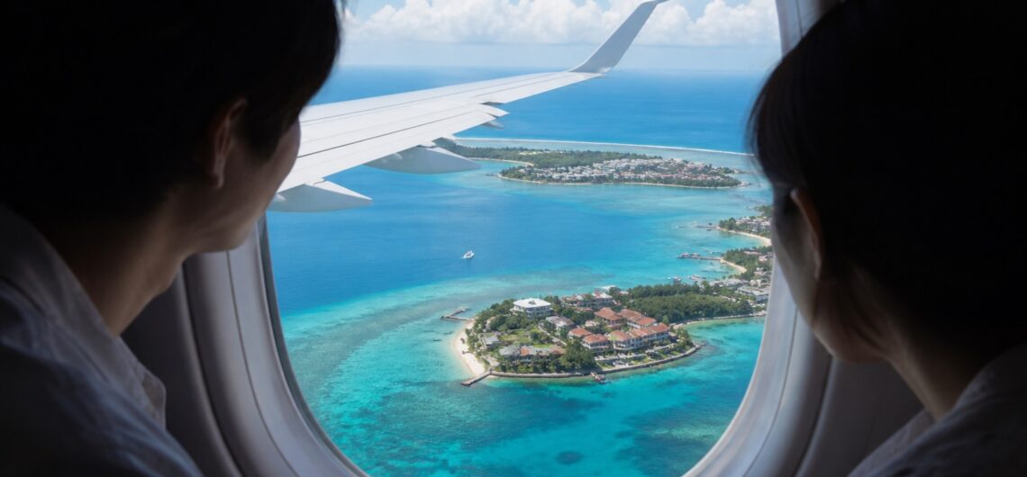 飛行機の窓からセブ島・マクタン島の青い海を眺める旅行者