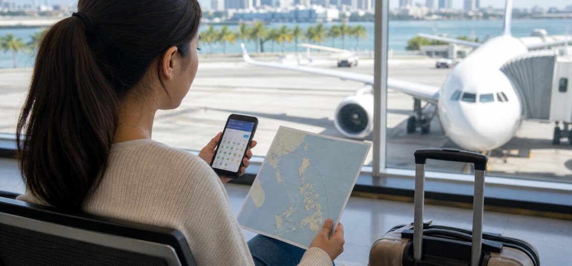 マニラからセブ島への航空券と経由ルートを確認する旅行者