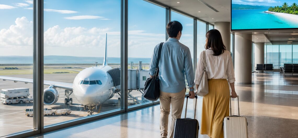 関西国際空港の出発ゲートへ向かう旅行者と飛行機