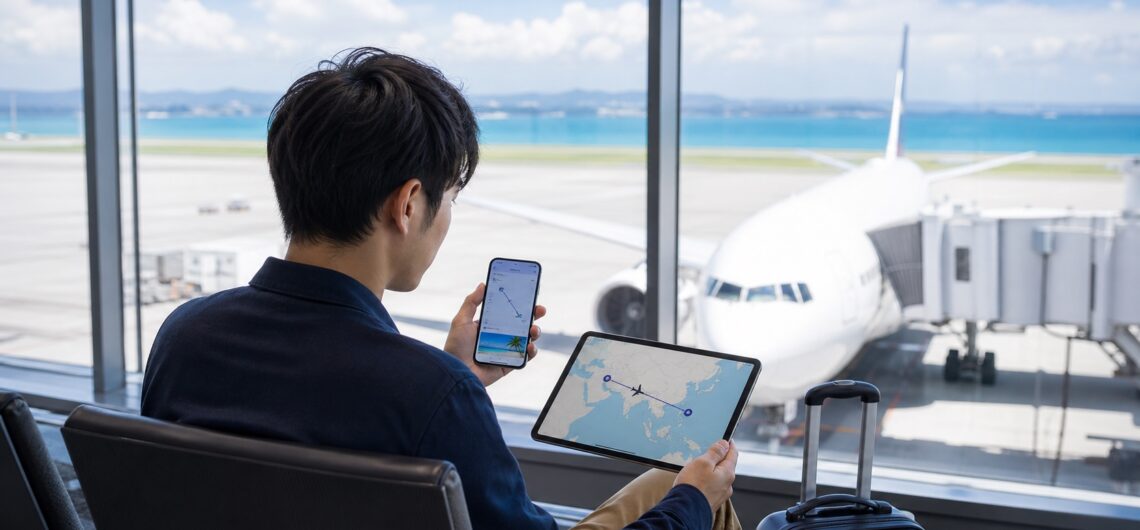 中部国際空港からセブ島への経由便をスマートフォンと地図で確認する旅行者