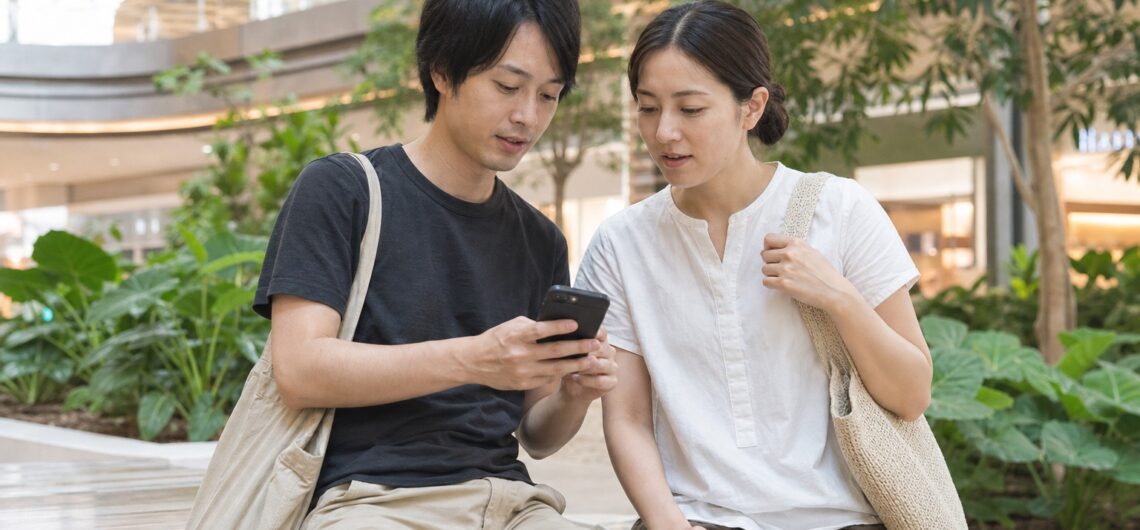 セブ市内の大型ショッピングモールで買い物リストを確認する30代の日本人旅行者カップル