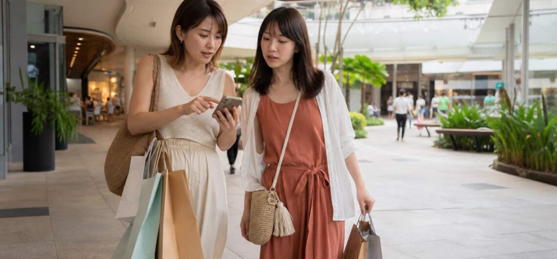 アヤラセンターセブで買い物計画をスマートフォンで確認する日本人女性旅行者