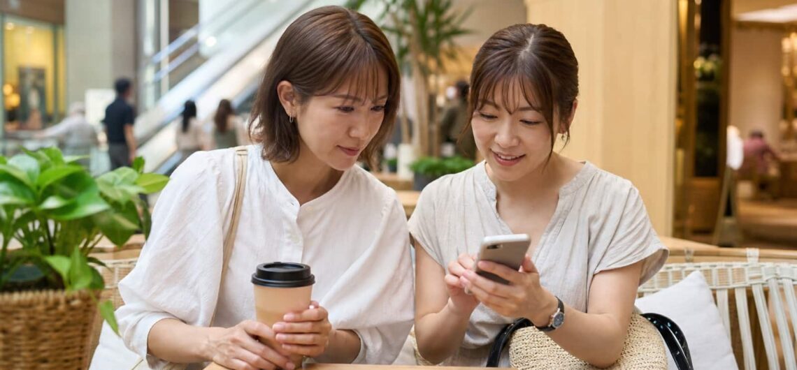 アヤラセンターセブのカフェで買い物計画を確認する日本人女性旅行者