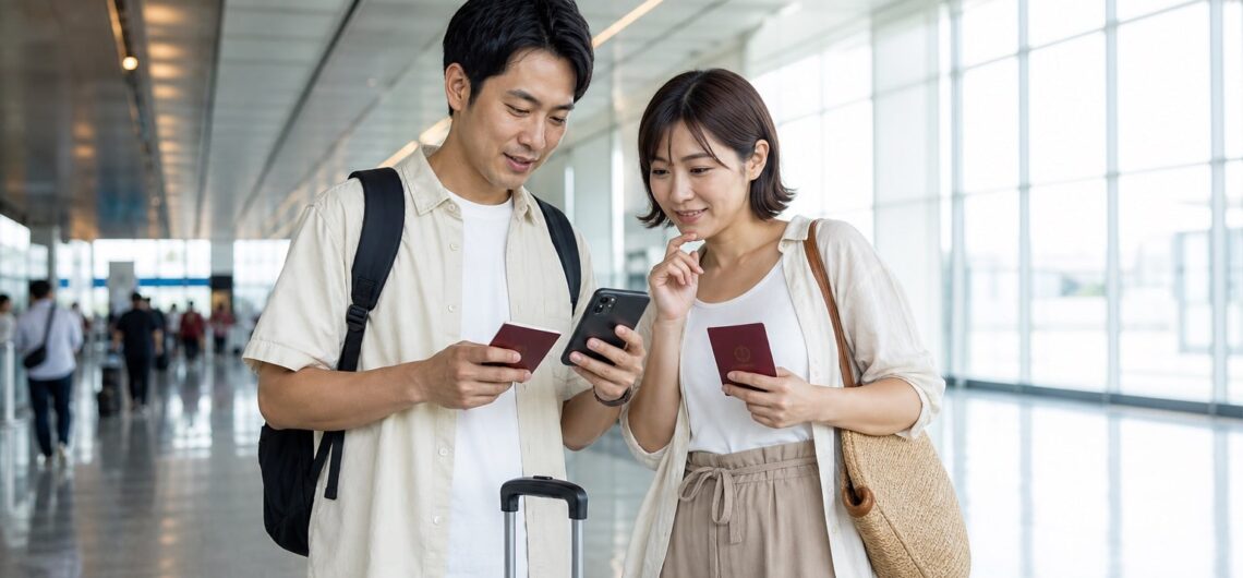 空港でセブ島行きの便とANAマイル利用を確認する30代の日本人旅行者二人