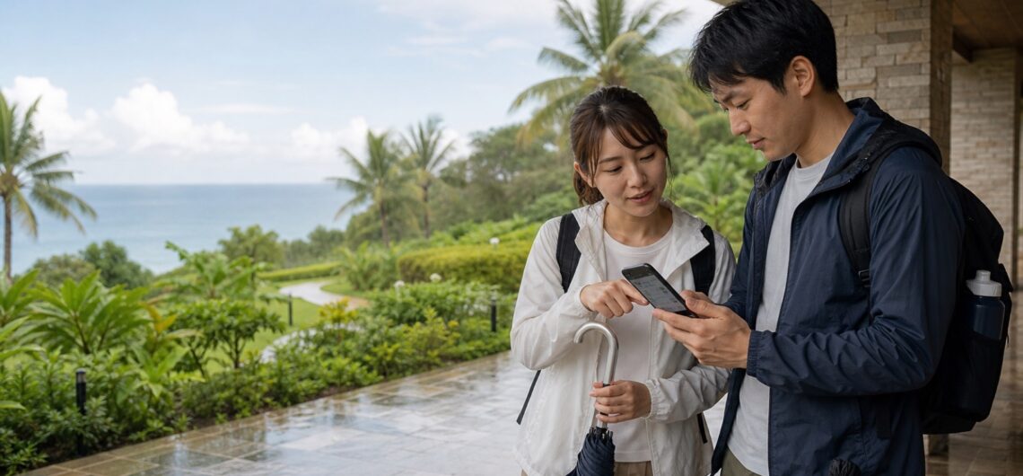 6月のセブ島で天気予報を確認しながら予定を相談する日本人カップル(生成画像)