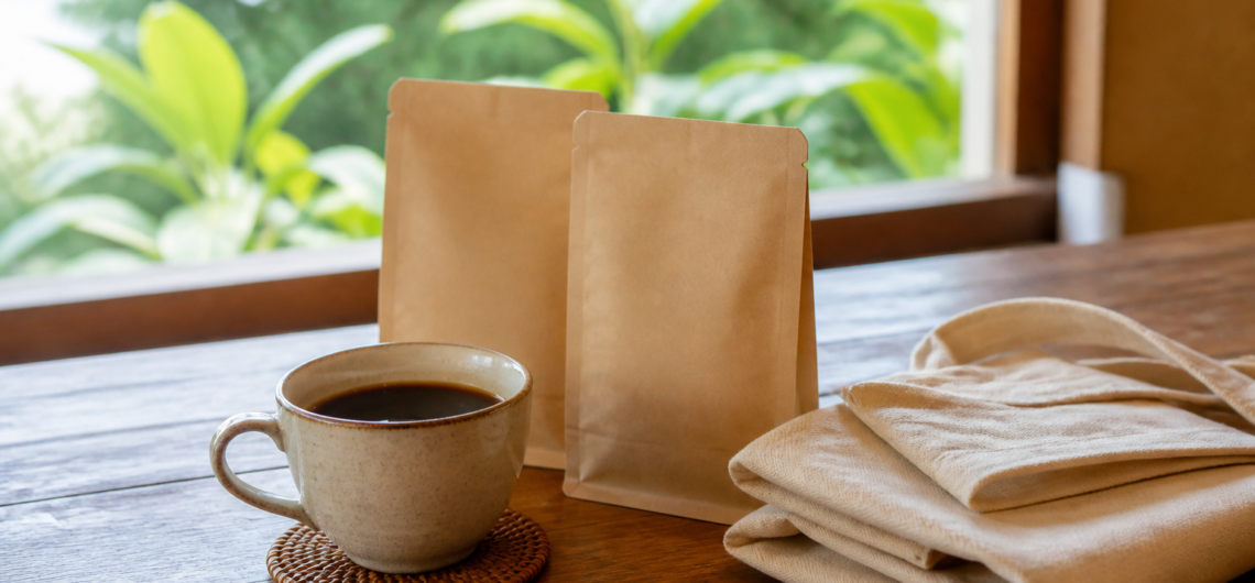 コーヒーカップと紙袋、布バッグ