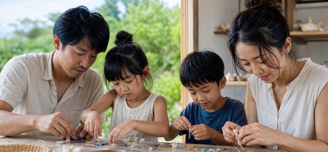 木のテーブルで小物を作る家族