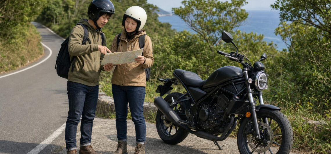 島の道でバイクのルートを確認する男女