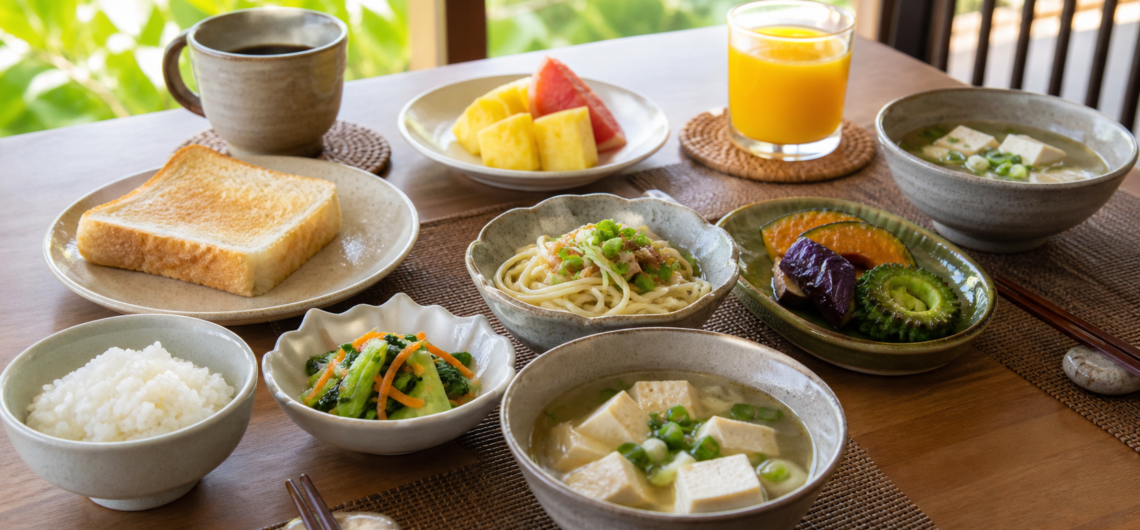 木のテーブルに並ぶ朝食