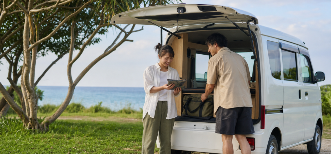 石垣島でキャンピングカー旅の準備をする30代夫婦のイメージ（生成画像）