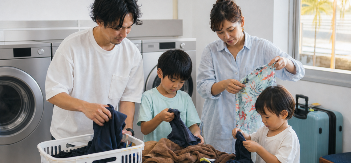 石垣島旅行中にコインランドリーで衣類を整理する子連れ家族のイメージ
