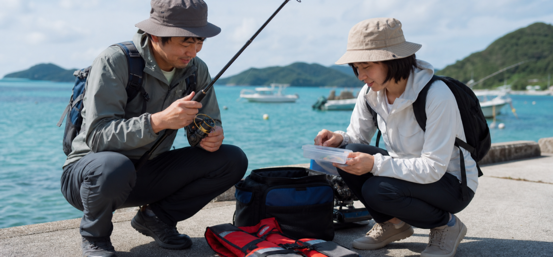 海辺で釣り道具を準備する男女