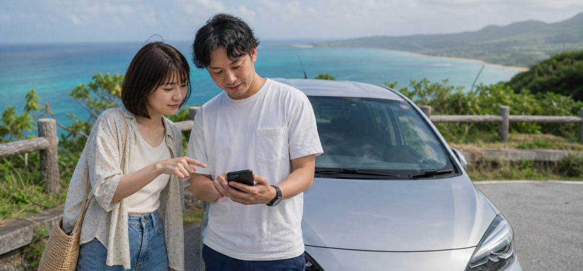 石垣島をレンタカーで1日観光する30代夫婦のイメージ（生成画像）