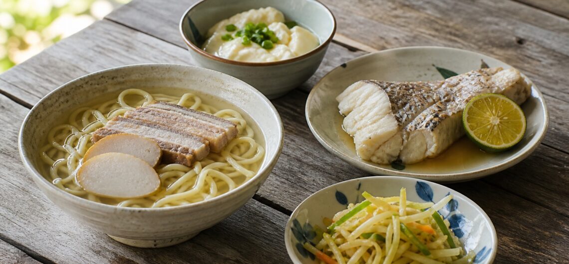 麺料理と豆腐、魚料理が並ぶ食卓