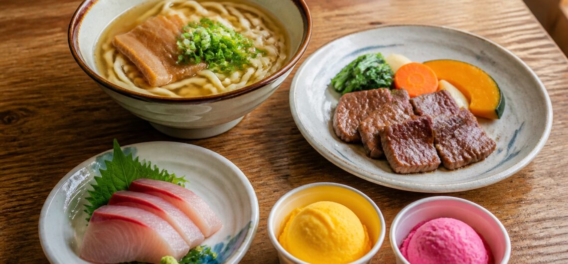 麺料理と肉料理、魚料理、ジェラートが並ぶ食卓
