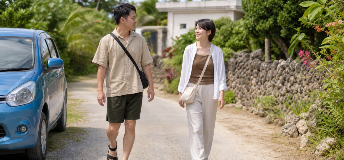 島の道を歩く男女