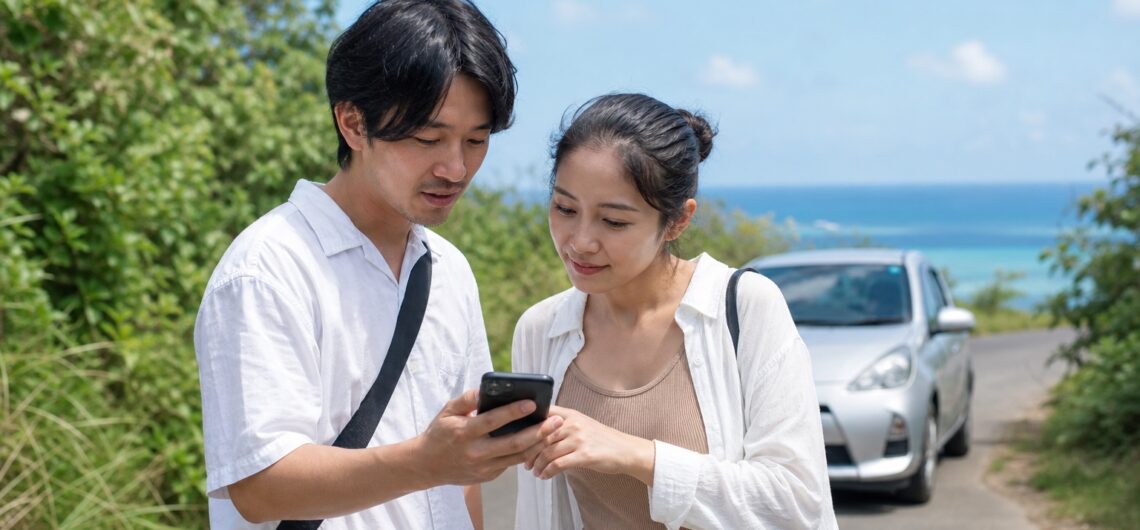 島の道でスマートフォンを見る男女