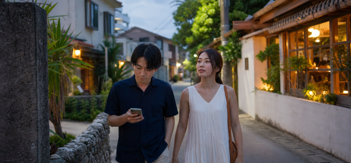 夕暮れの島の街を歩く男女