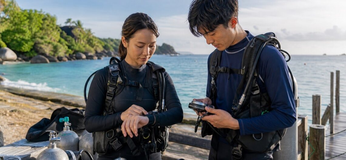 マラパスクア島でダイビング器材を確認する30代日本人カップルのイメージ(生成画像)