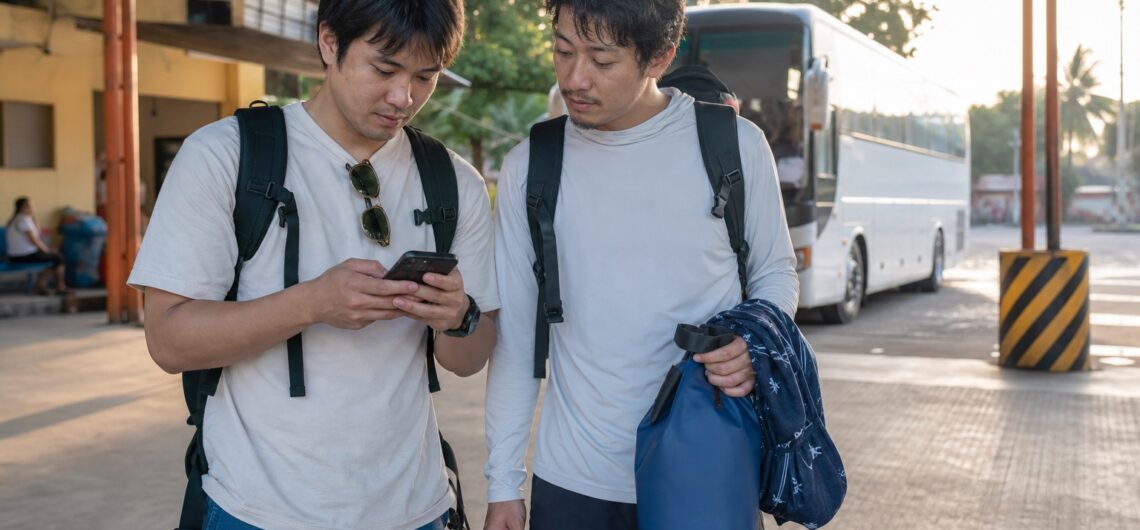 早朝のバスターミナルでオスロブ行きルートを確認する20代から30代の日本人旅行者二人
