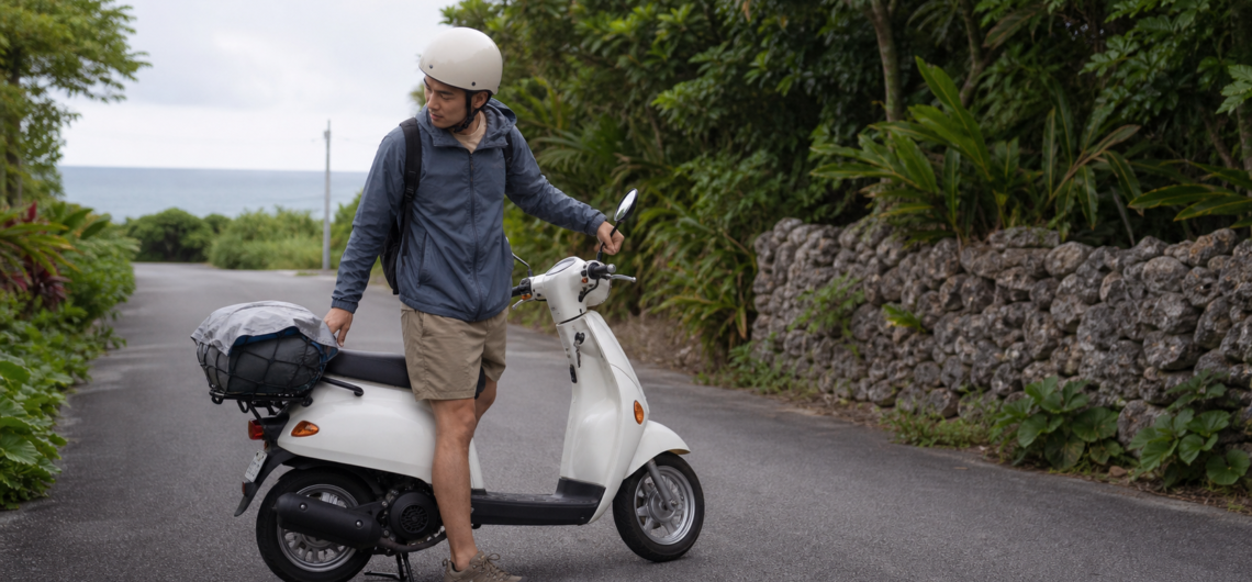 白いスクーターの荷物を確認するヘルメット姿の男性