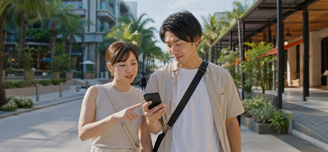 マクタン島で日本食レストランを探す日本人夫婦（生成画像）