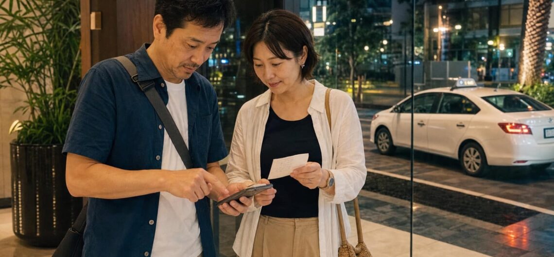 セブ島の夜遊び前に予算と帰路を確認する日本人旅行者