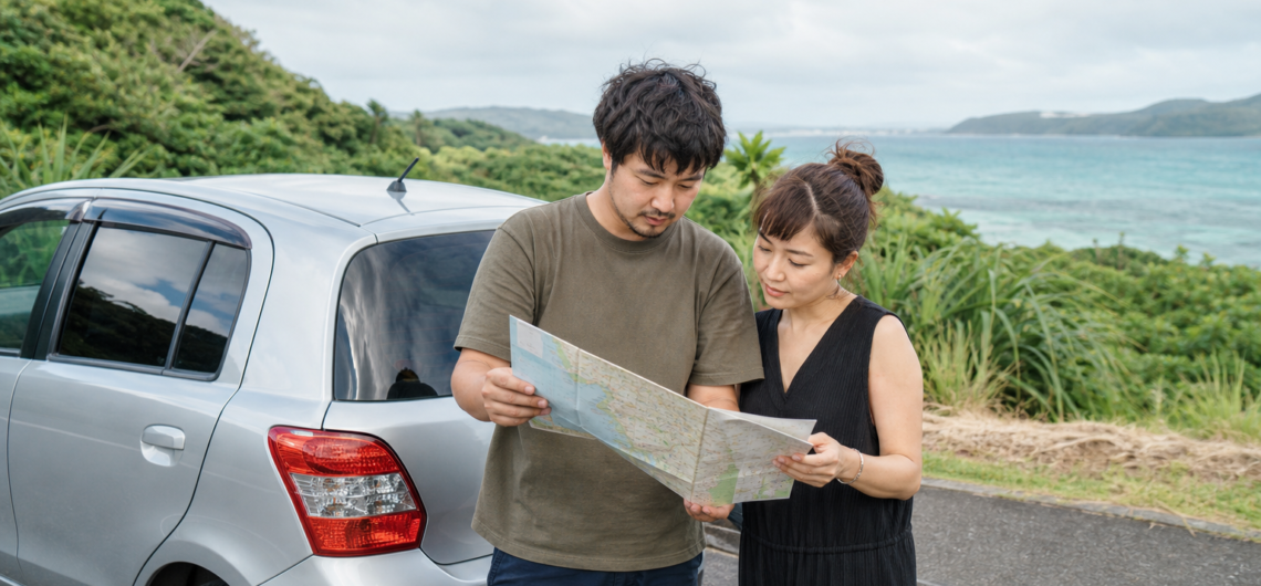 海沿いの駐車場で地図を見る男女
