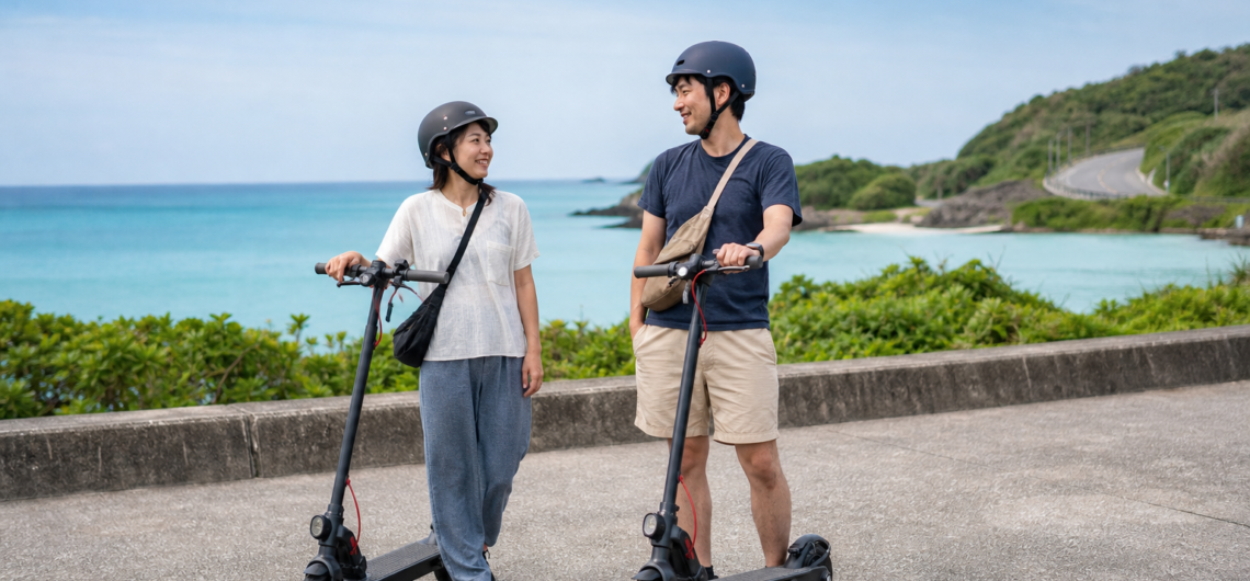 海辺で電動キックボードを押すヘルメット姿の男女