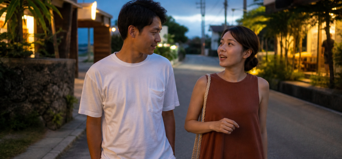夕暮れの島の街を歩く男女二人
