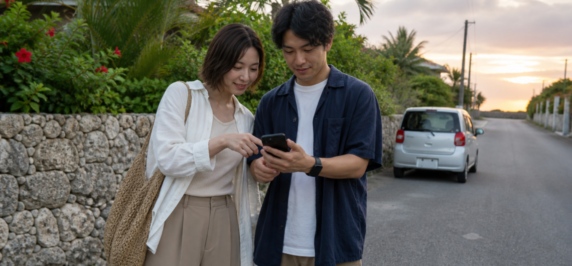 夕暮れの島の道でスマートフォンを見る男女
