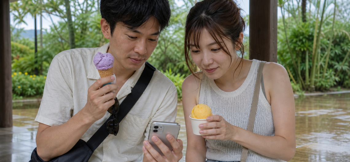 雨上がりの屋外でアイスを手にスマートフォンを見る男女