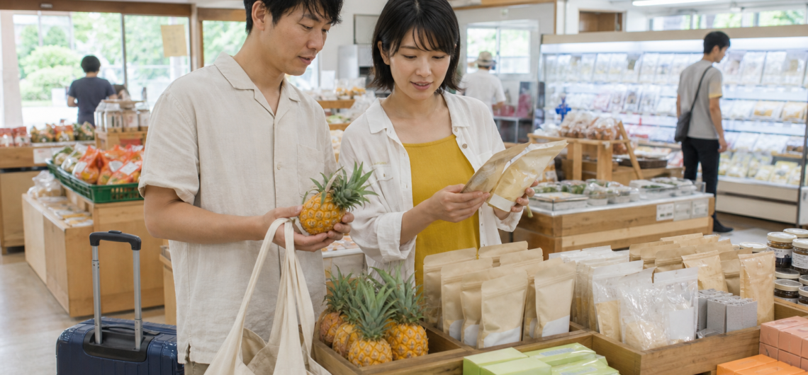 市場でパイナップルと食品を選ぶ男女