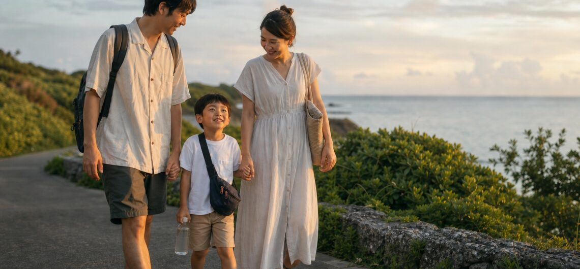 夕暮れの海辺を歩く親子三人