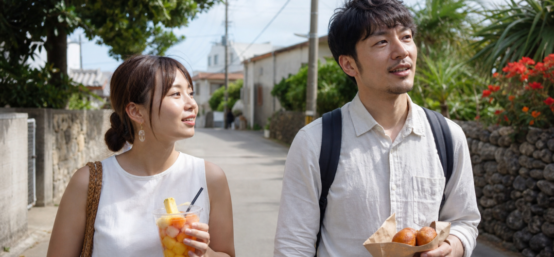 島の道で飲み物と菓子を持つ男女