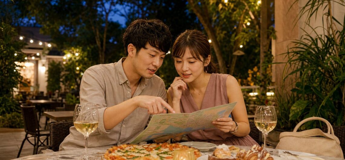 セブシティの夕食プランを相談する30代日本人カップル（生成画像）