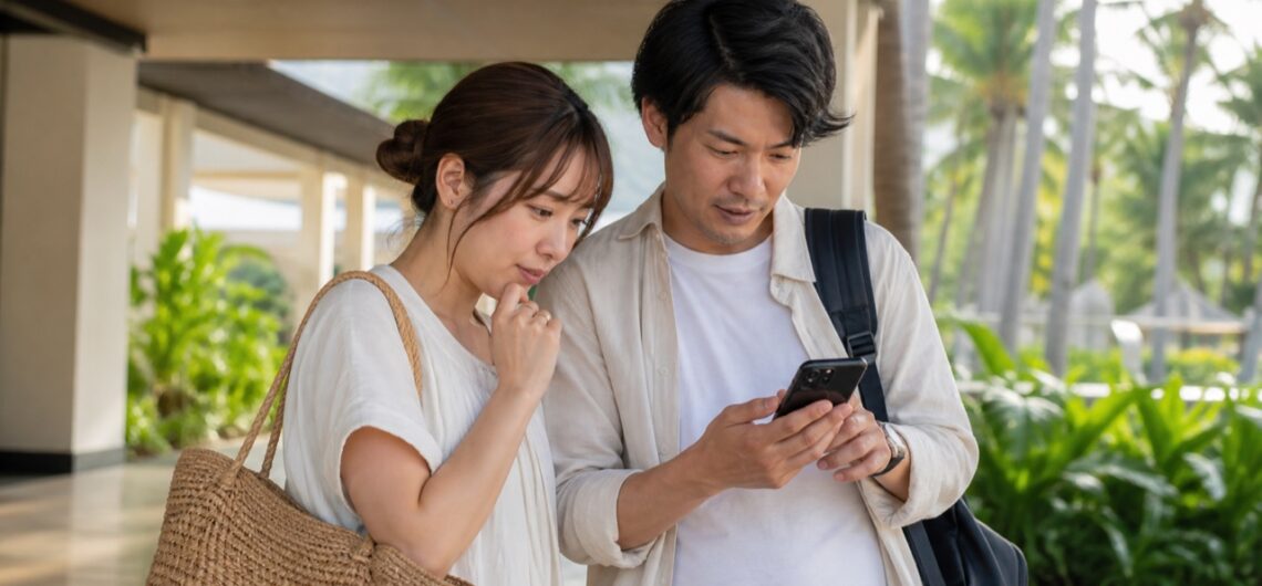 マクタン島でスパ予約を確認する日本人カップル（生成画像）