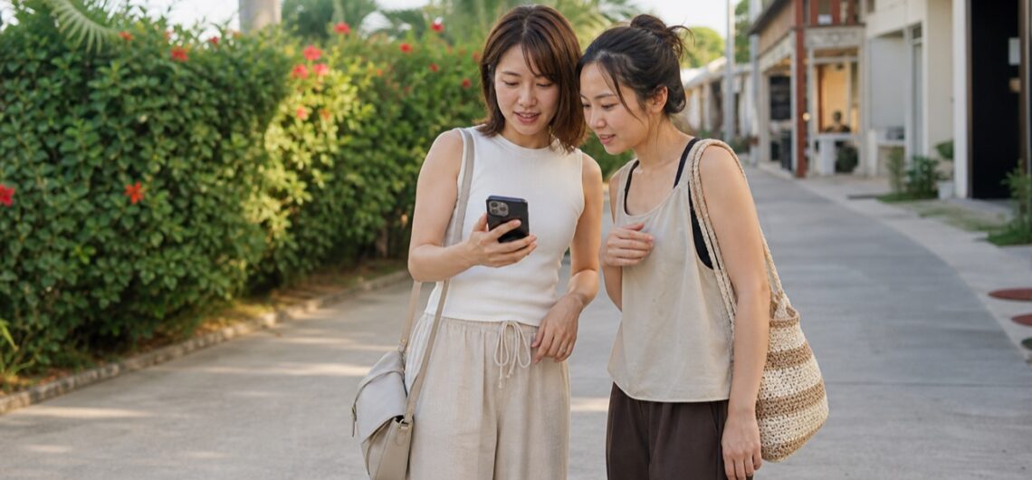 マクタン島でスパの予約先を確認する日本人女性2人（生成画像）